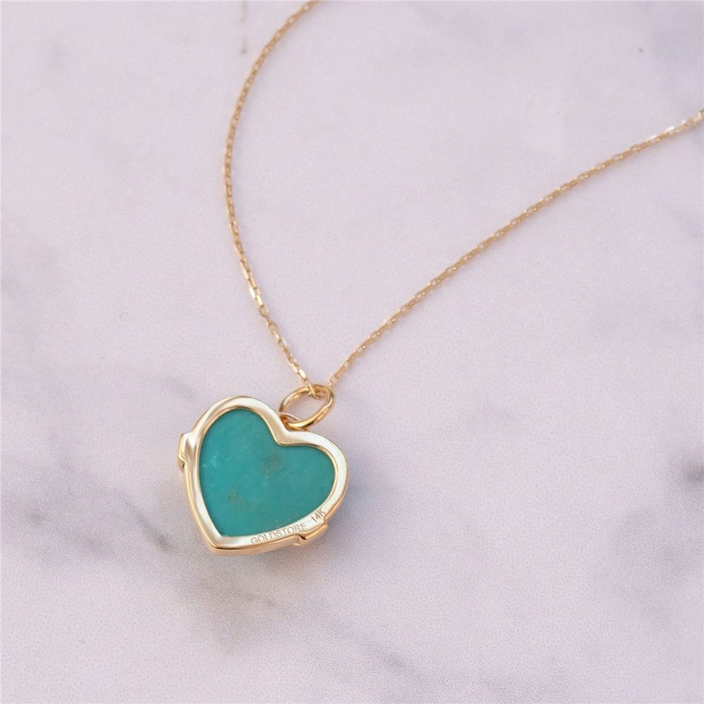 Goldstore-14K 18K Solid Gold Heart Turquoise Necklace, Custom Name Engrave Turquoise Heart Gold Necklace, Elegant Personalized Turquoise Heart Pendant