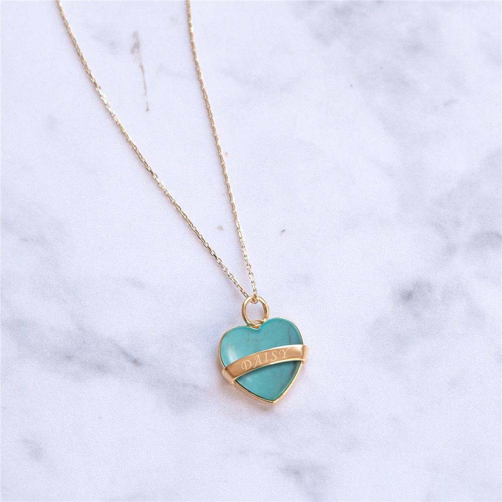 Goldstore-14K 18K Solid Gold Heart Turquoise Necklace, Custom Name Engrave Turquoise Heart Gold Necklace, Elegant Personalized Turquoise Heart Pendant