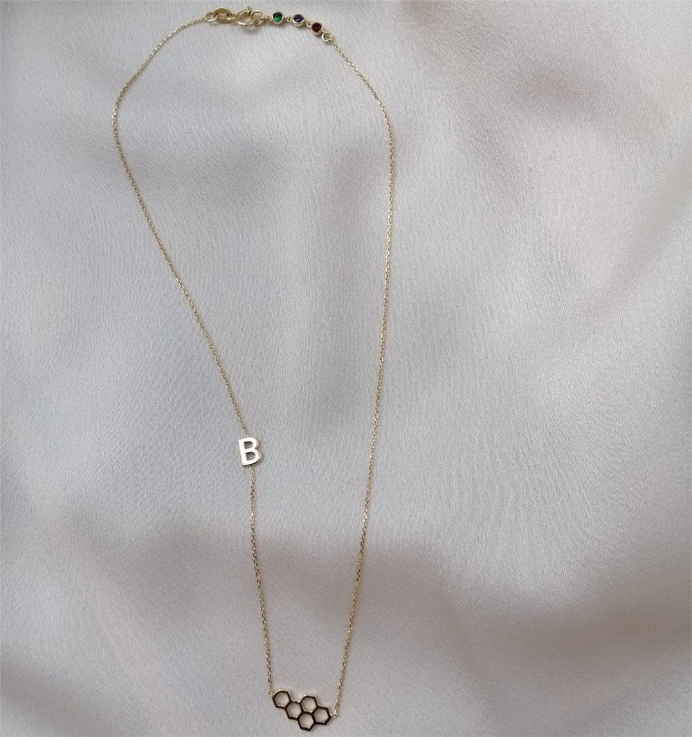 Goldstore-14K 18K Solid Gold Honeycomb Initial Necklace, Honeycomb Charm Necklace, Sideways Initial & Birthstone, Beehive Choker Necklace Gift for Her
