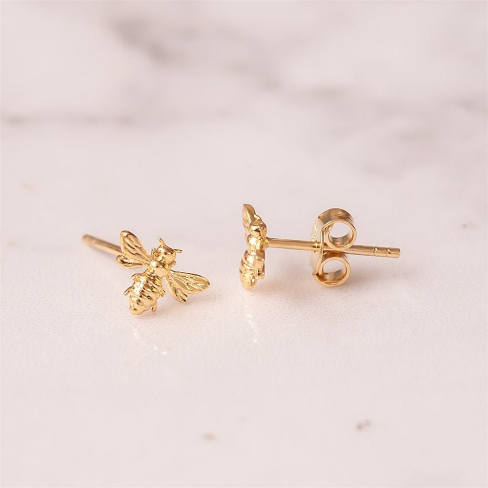Goldstore-14K 18K Solid Gold Honeycomb and Bee Studs Earring, Dainty Two Tones Gold Bee on Hexagon Honeycomb Stud Earring is a Great Gift For Her.