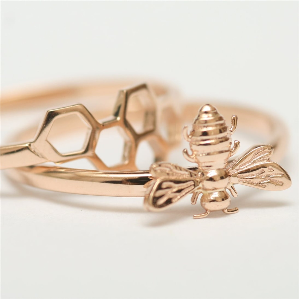 Goldstore-14k 18k Solid Gold Honeycomb Stacking Ring, Stacking Honeycomb & Bee Gold Ring Set is a Great Gift For Her, Bridesmaid Valentine’s Gift for