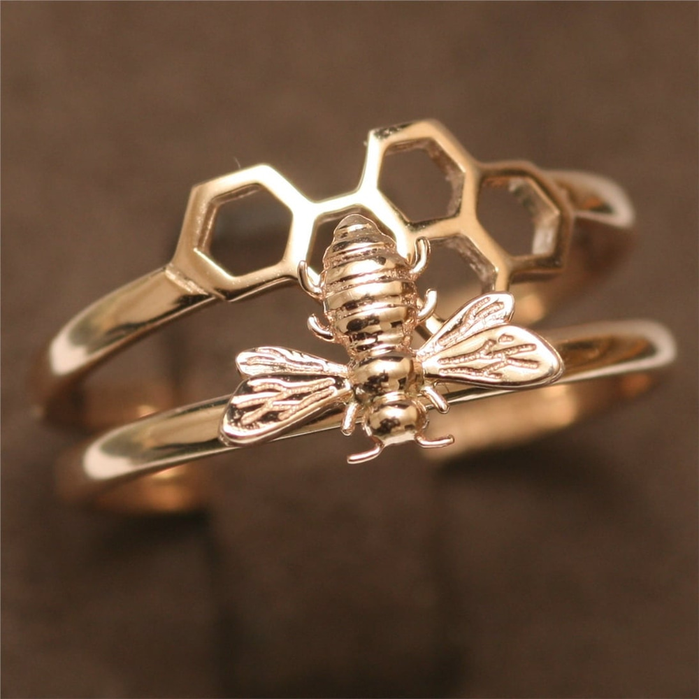 Goldstore-14k 18k Solid Gold Honeycomb Stacking Ring, Stacking Honeycomb & Bee Gold Ring Set is a Great Gift For Her, Bridesmaid Valentine’s Gift for