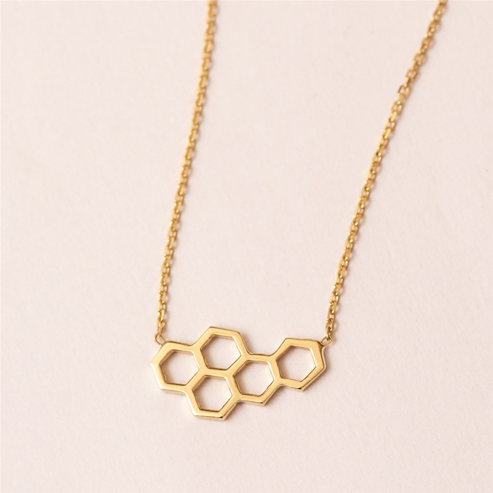 Goldstore-14K 18K Solid Gold Honeycomb Initial Necklace, Honeycomb Charm Necklace, Sideways Initial & Birthstone, Beehive Choker Necklace Gift for Her