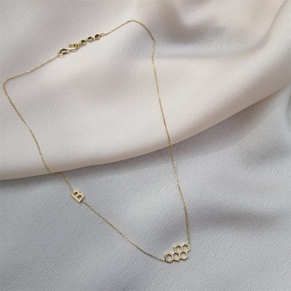 Goldstore-14K 18K Solid Gold Honeycomb Initial Necklace, Honeycomb Charm Necklace, Sideways Initial & Birthstone, Beehive Choker Necklace Gift for Her