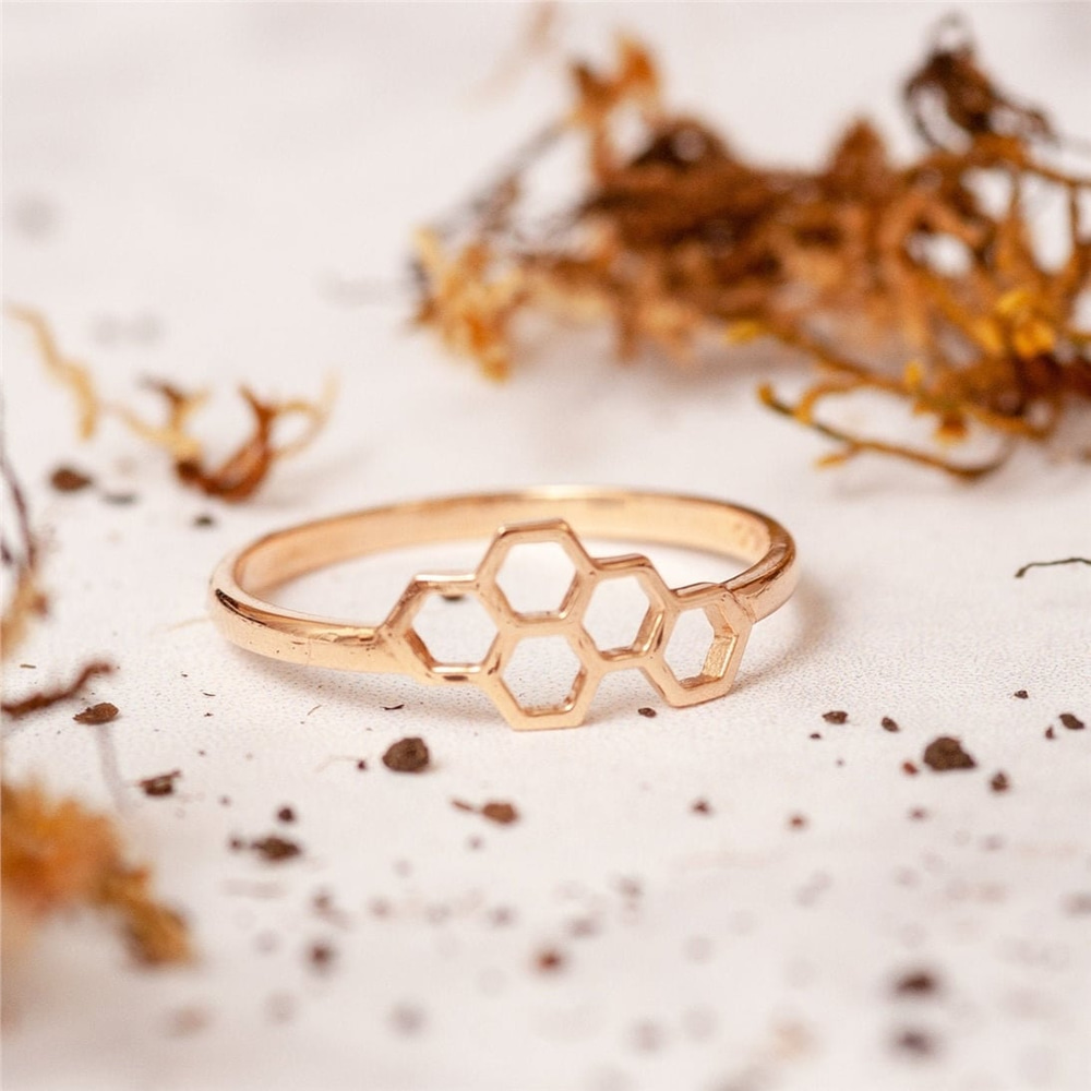 Goldstore-14k 18k Solid Gold Honeycomb Stacking Ring, Stacking Honeycomb & Bee Gold Ring Set is a Great Gift For Her, Bridesmaid Valentine’s Gift for