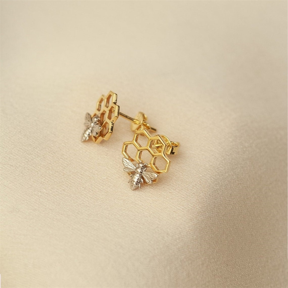 Goldstore-14K 18K Solid Gold Honeycomb and Bee Studs Earring, Dainty Two Tones Gold Bee on Hexagon Honeycomb Stud Earring is a Great Gift For Her.