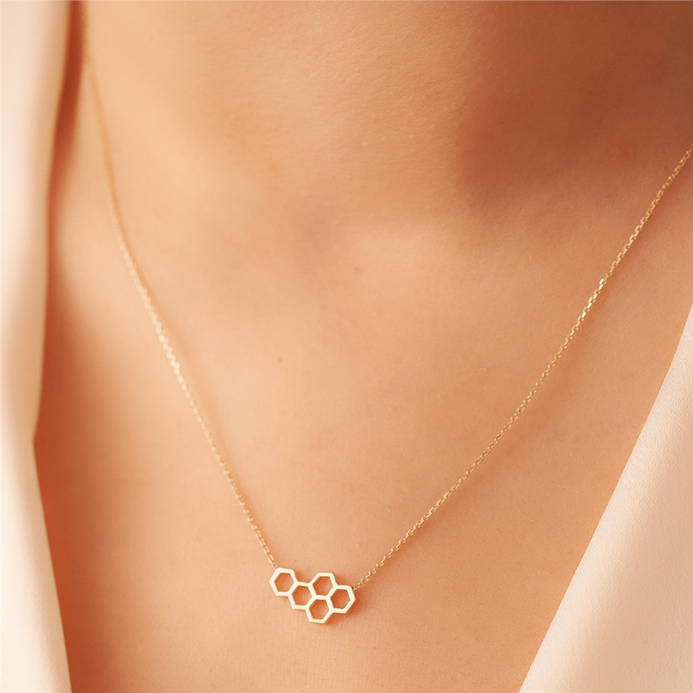 Goldstore-14K 18K Solid Gold Honeycomb Initial Necklace, Honeycomb Charm Necklace, Sideways Initial & Birthstone, Beehive Choker Necklace Gift for Her