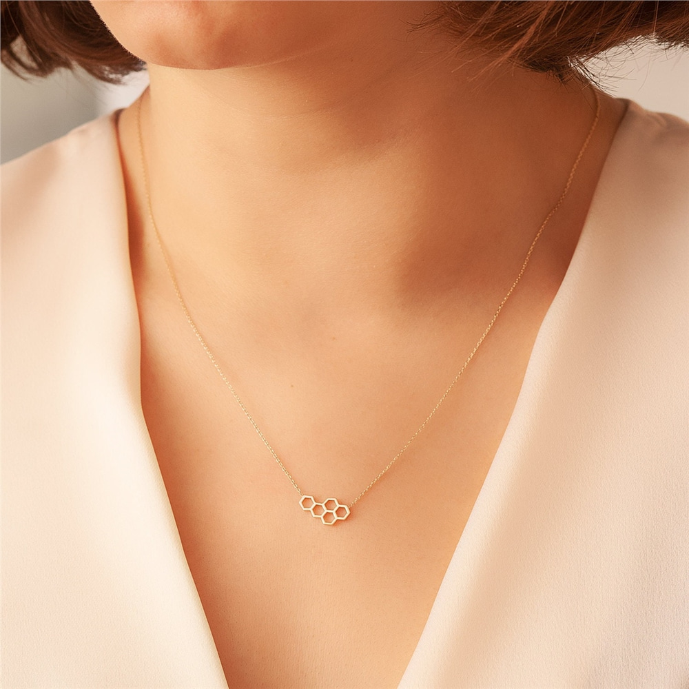 Goldstore-14K 18K Solid Gold Honeycomb Necklace, Honeycomb Hexagon Necklace, Delicate Gold Beehive Necklace, Minimalist Necklace Great Gift for Her.