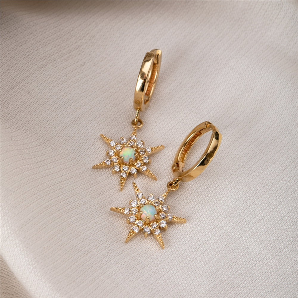 Goldstore-14K 18K Solid Gold Hoop Big Opal North Star Earrings, Dangling Opal Star Earrings, Dainty Winter Jewelry, Cute Gift For Her