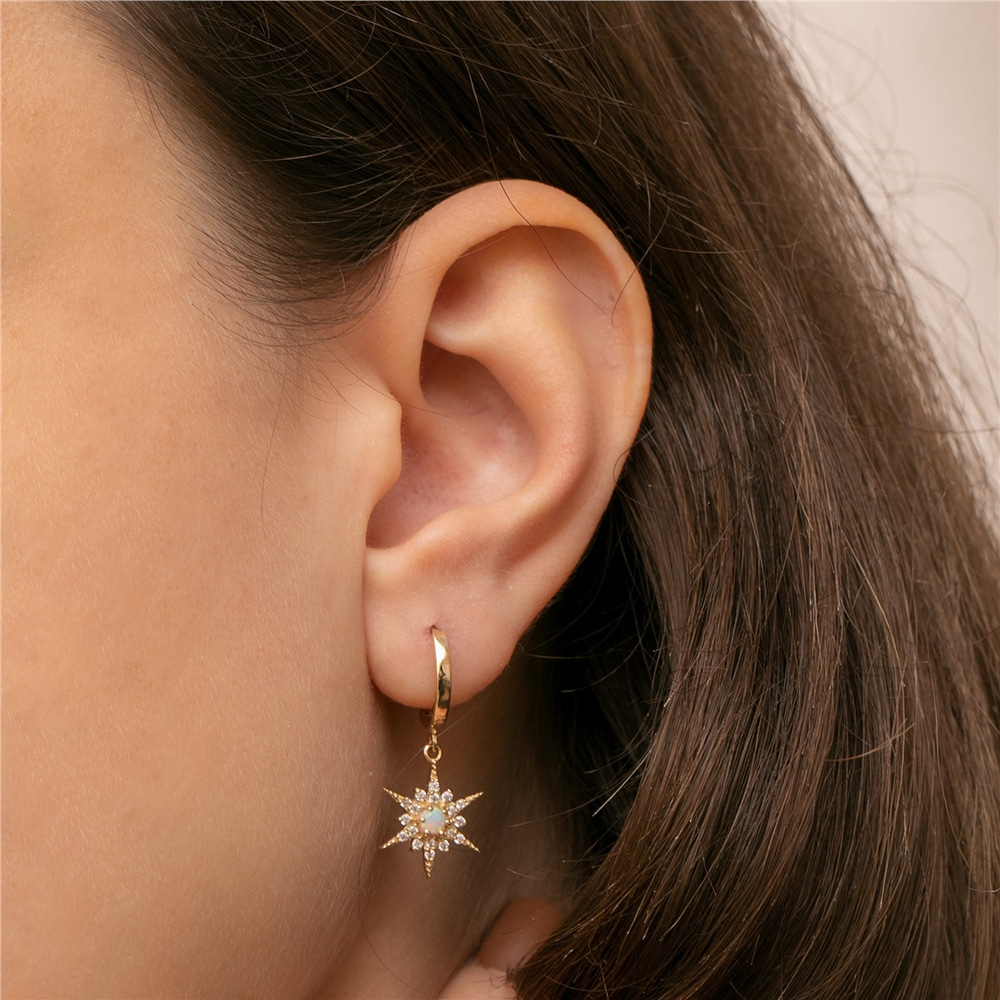 Goldstore-14K 18K Solid Gold Hoop Big Opal North Star Earrings, Dangling Opal Star Earrings, Dainty Winter Jewelry, Cute Gift For Her