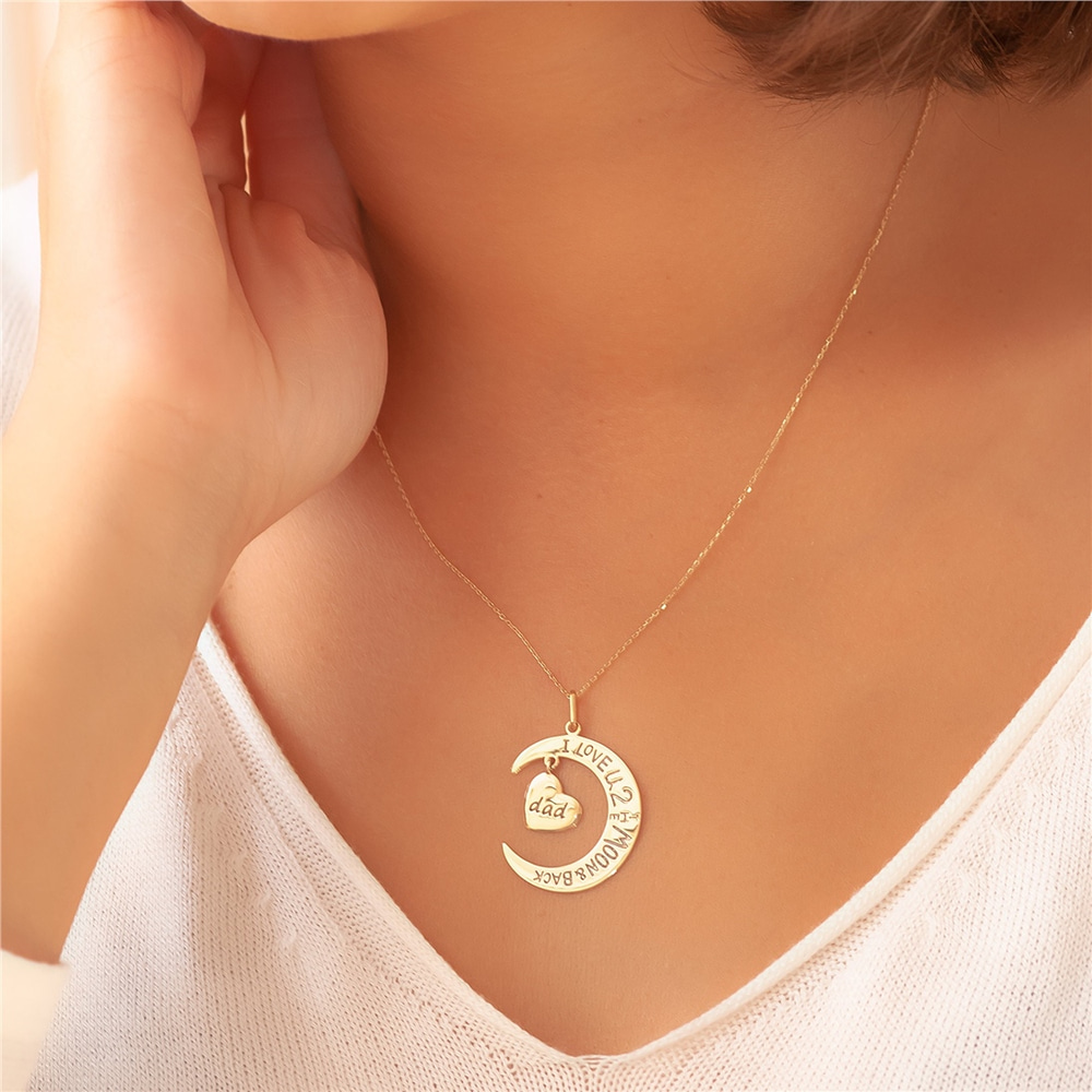 Goldstore-14k 18k Solid Gold I Love You to the Moon and Back Heart Family Pendant Necklaces, Mom Son Dad Sister Grandma Charm, Custom Engrave Pendant