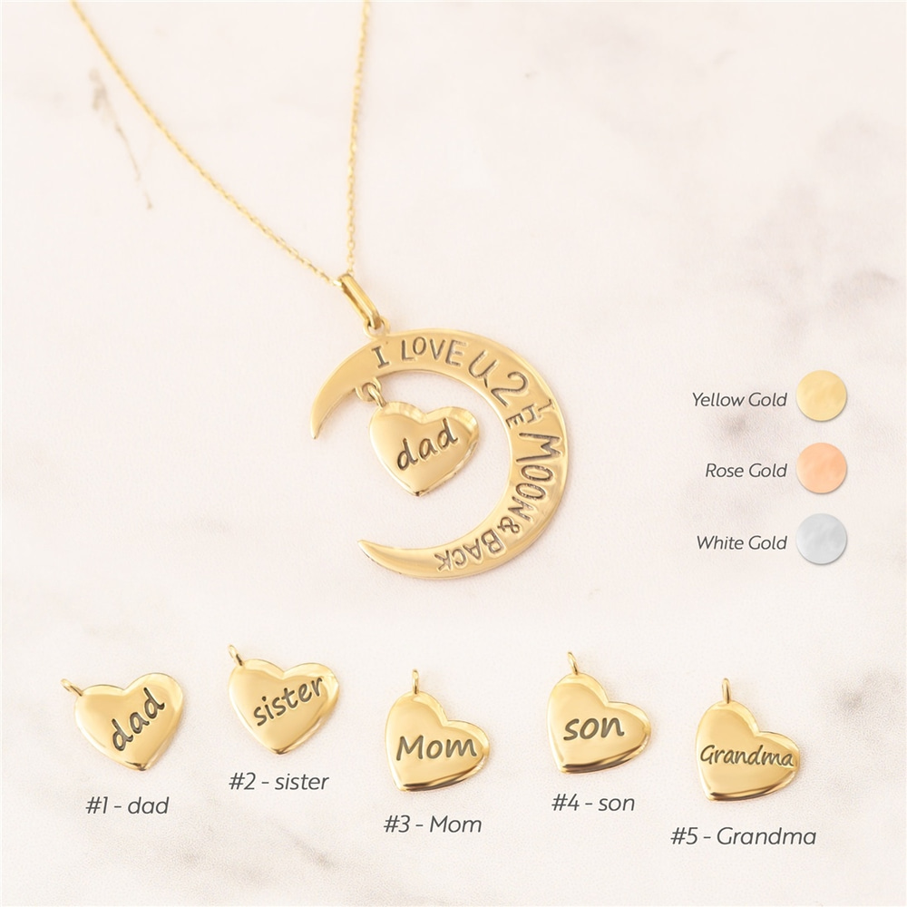 Goldstore-14k 18k Solid Gold I Love You to the Moon and Back Heart Family Pendant Necklaces, Mom Son Dad Sister Grandma Charm, Custom Engrave Pendant