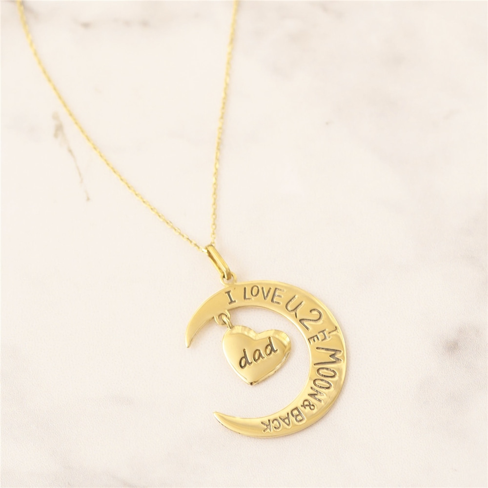 Goldstore-14k 18k Solid Gold I Love You to the Moon and Back Heart Family Pendant Necklaces, Mom Son Dad Sister Grandma Charm, Custom Engrave Pendant