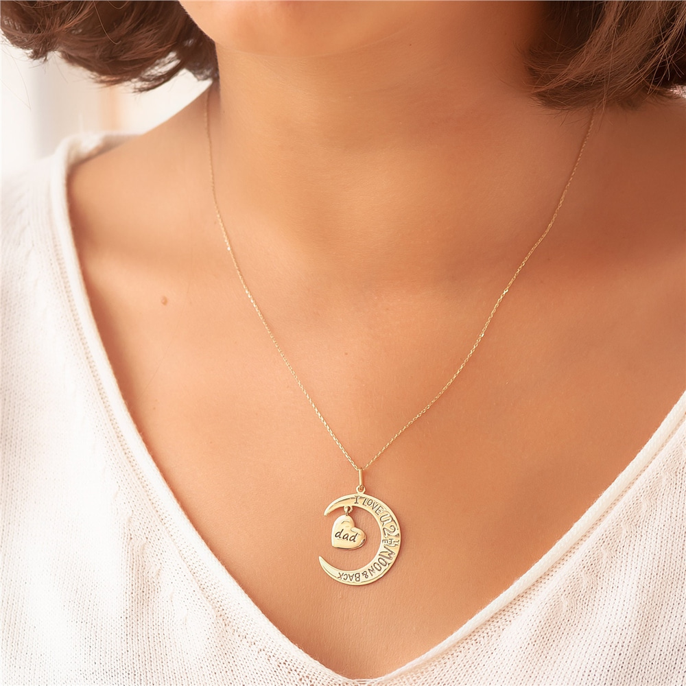 Goldstore-14k 18k Solid Gold I Love You to the Moon and Back Heart Family Pendant Necklaces, Mom Son Dad Sister Grandma Charm, Custom Engrave Pendant