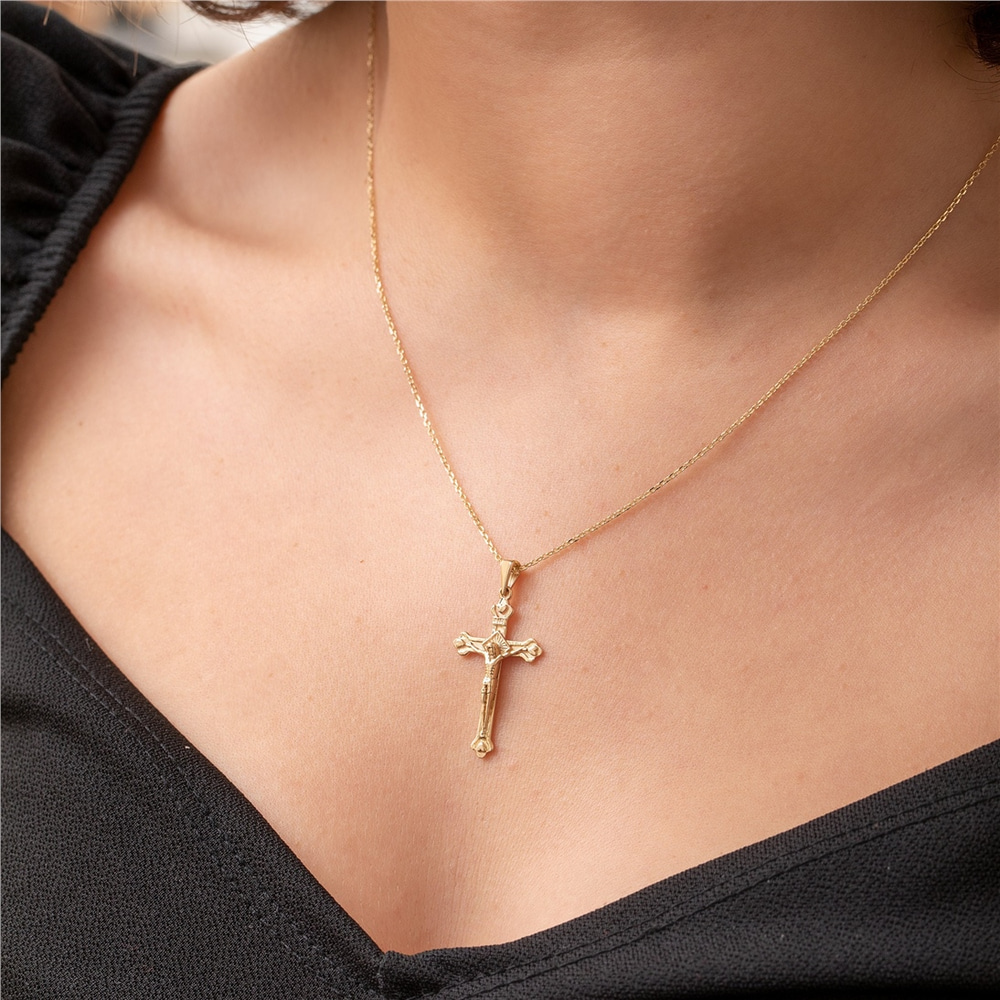 Goldstore-14K 18K Solid Gold Jesus Crucifix Necklace, Dainty Cross Pendant, Custom Engraved Name, Christian Necklace, Gold Belief Jewelry, Holy Bible