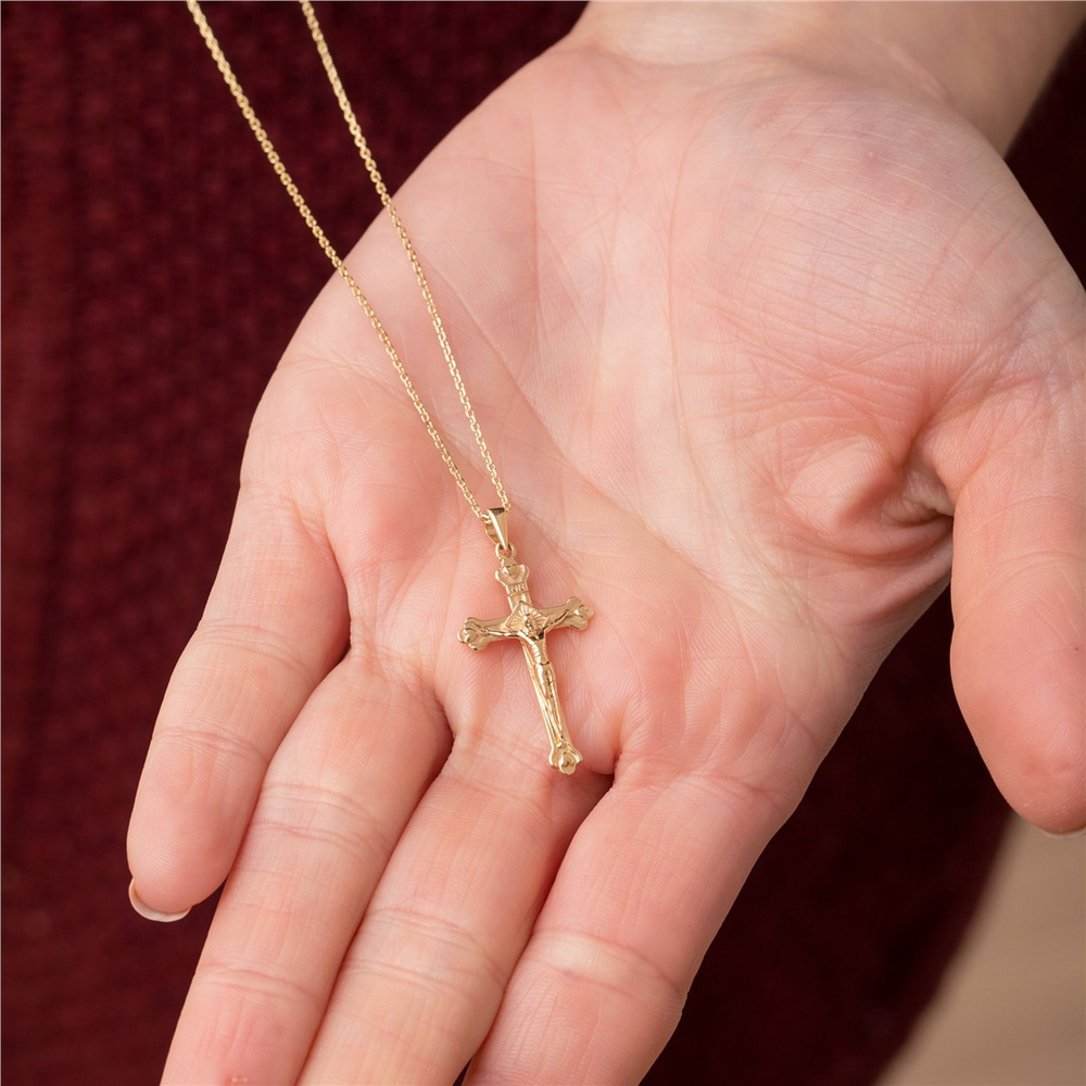 Goldstore-14K 18K Solid Gold Jesus Crucifix Necklace, Dainty Cross Pendant, Custom Engraved Name, Christian Necklace, Gold Belief Jewelry, Holy Bible