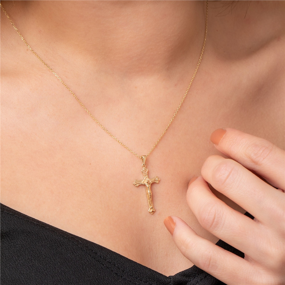 Goldstore-14K 18K Solid Gold Jesus Crucifix Necklace, Dainty Cross Pendant, Custom Engraved Name, Christian Necklace, Gold Belief Jewelry, Holy Bible