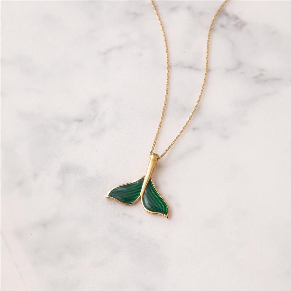 Goldstore-14K 18K Solid Gold Mermaid Tail  Necklace, Mermaid Tail Real Gold Pendant Necklace, Enamel Whale Tail Charm Pendant Gift For Her
