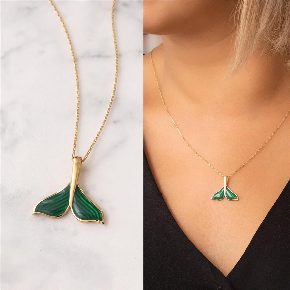 Goldstore-14K 18K Solid Gold Mermaid Tail  Necklace, Mermaid Tail Real Gold Pendant Necklace, Enamel Whale Tail Charm Pendant Gift For Her