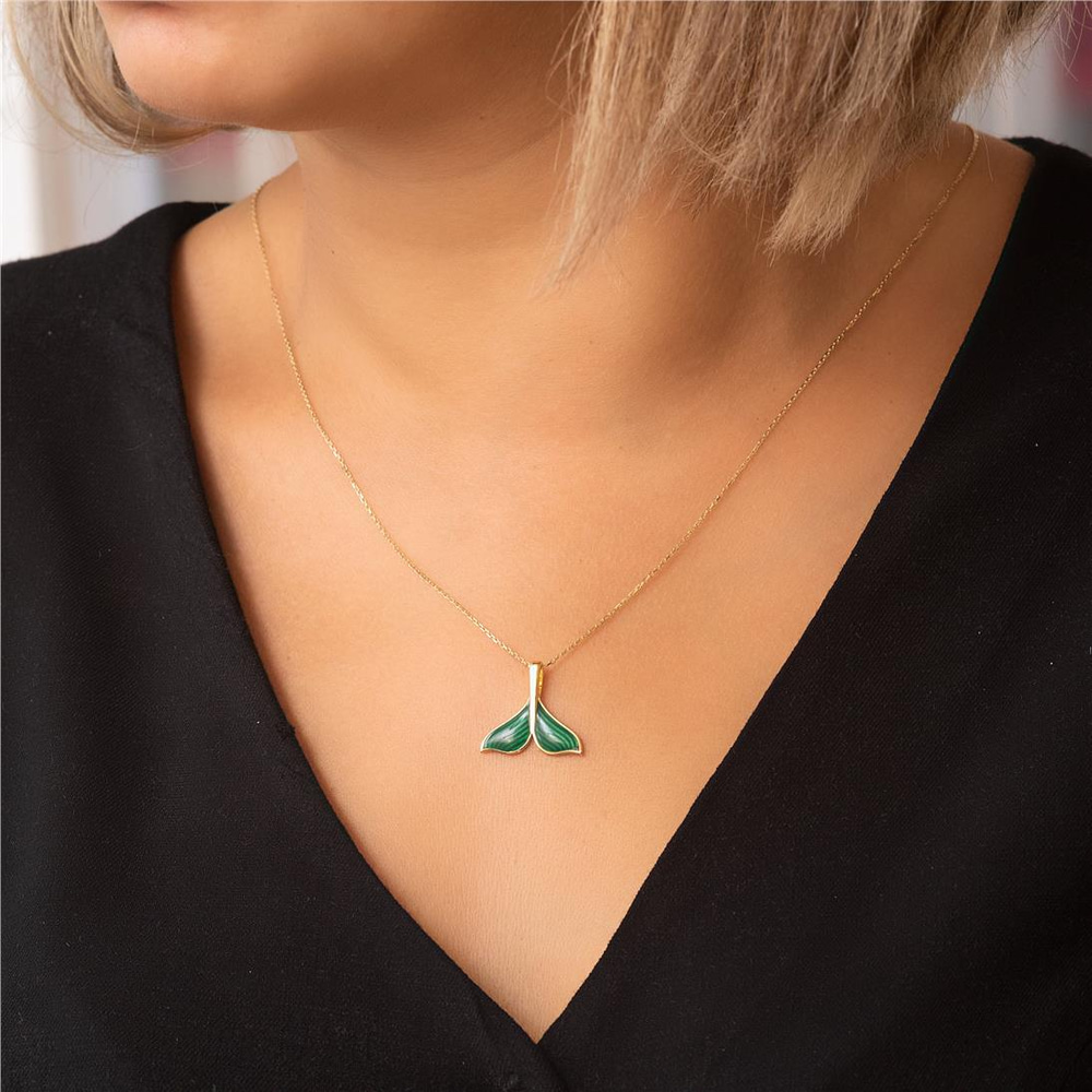 Goldstore-14K 18K Solid Gold Mermaid Tail  Necklace, Mermaid Tail Real Gold Pendant Necklace, Enamel Whale Tail Charm Pendant Gift For Her