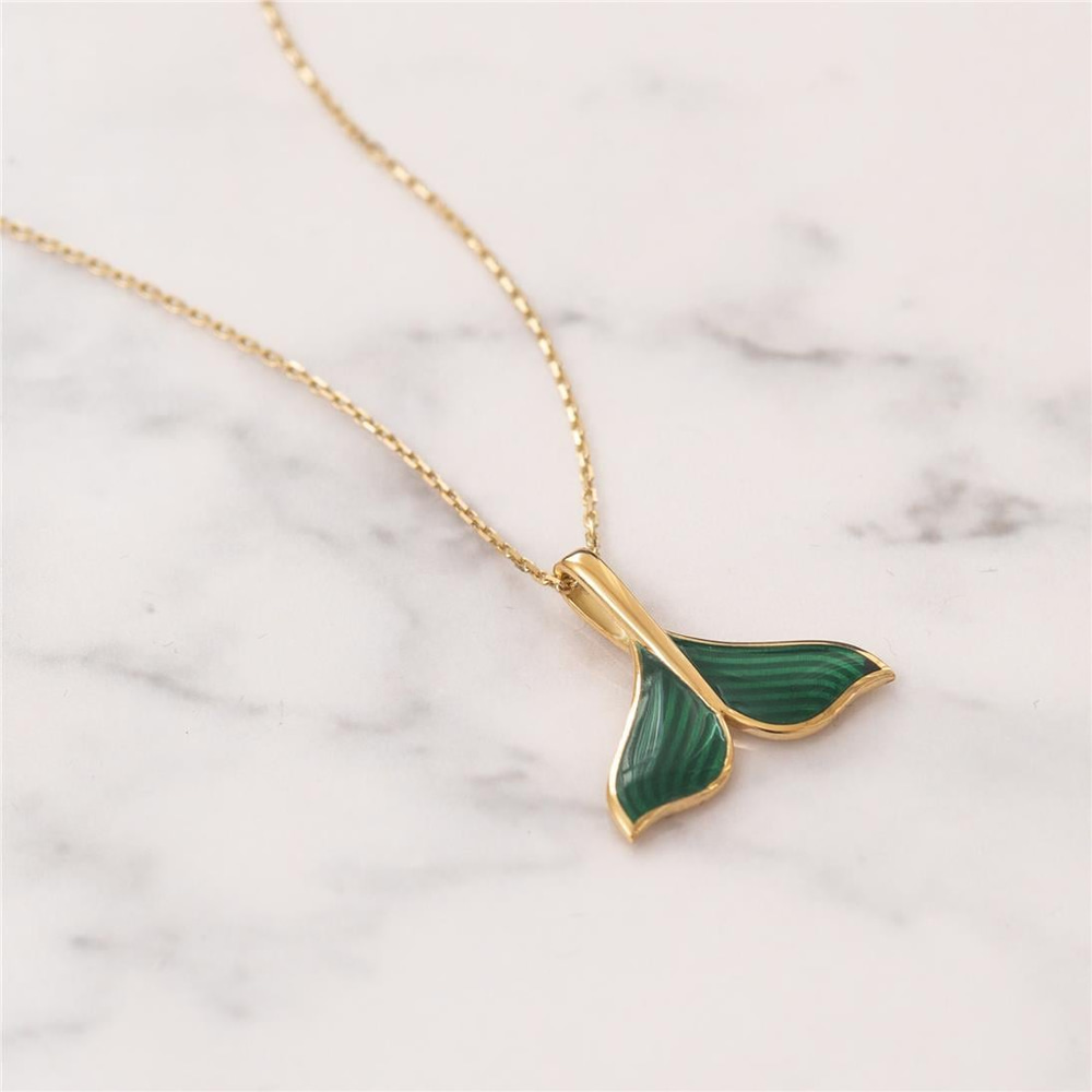 Goldstore-14K 18K Solid Gold Mermaid Tail  Necklace, Mermaid Tail Real Gold Pendant Necklace, Enamel Whale Tail Charm Pendant Gift For Her