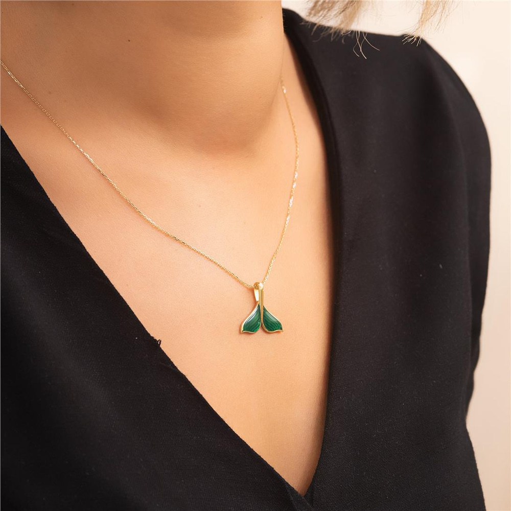 Goldstore-14K 18K Solid Gold Mermaid Tail  Necklace, Mermaid Tail Real Gold Pendant Necklace, Enamel Whale Tail Charm Pendant Gift For Her