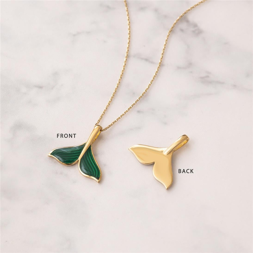 Goldstore-14K 18K Solid Gold Mermaid Tail  Necklace, Mermaid Tail Real Gold Pendant Necklace, Enamel Whale Tail Charm Pendant Gift For Her