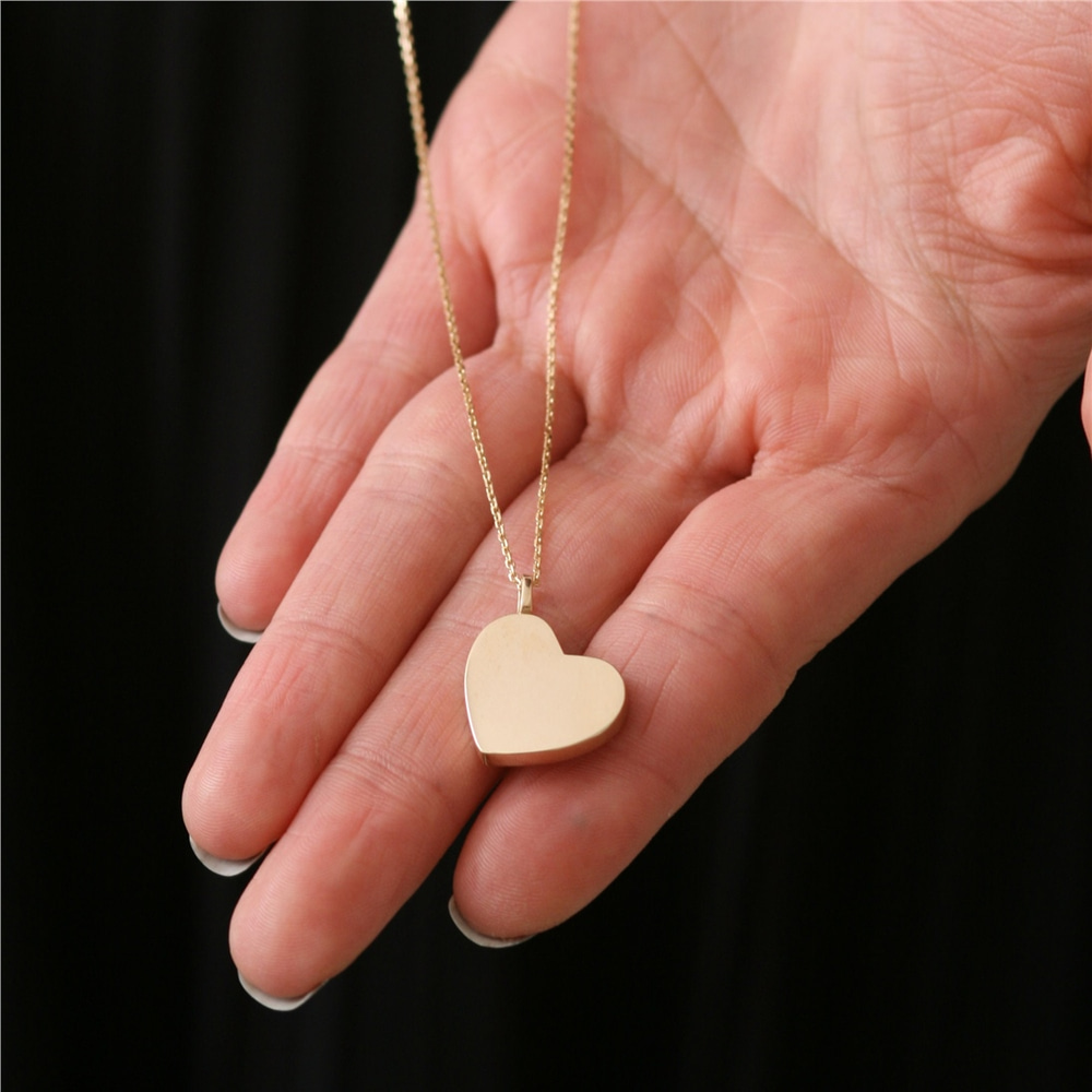 Goldstore-14K 18K Solid Gold Mom & Dad Heart Urn Necklace, Personalized Ash Cremation Heart Necklace, Custom Engrave Name Date Urn Gold Heart Necklace