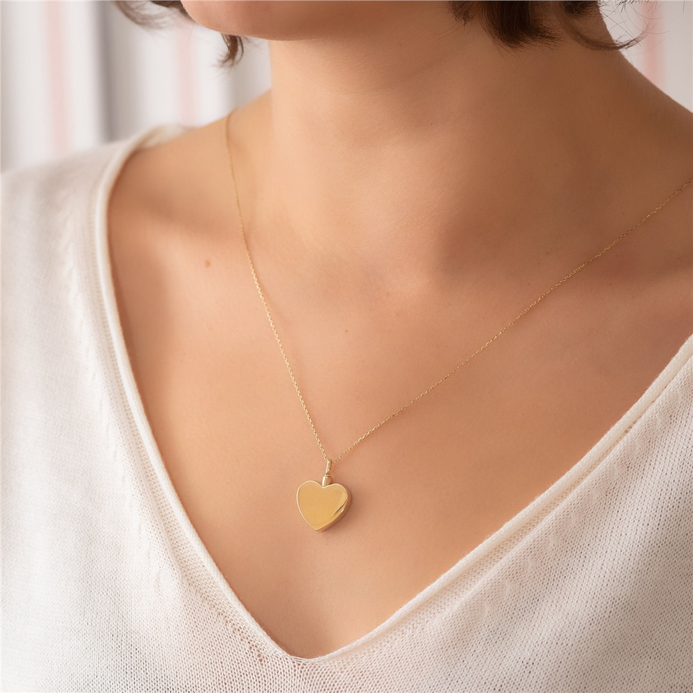 Goldstore-14K 18K Solid Gold Mom Dad Urn Heart Necklace, Personalized Cremation Dog Cat Pet Ashes Necklace, Custom Engrave Keepsake Urn Necklace For