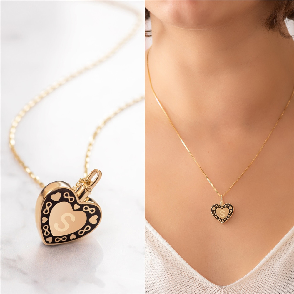 Goldstore-14K 18K Solid Gold Mom Dad Urn Heart Necklace, Personalized Cremation Dog Cat Pet Ashes Necklace, Custom Engrave Keepsake Urn Necklace For