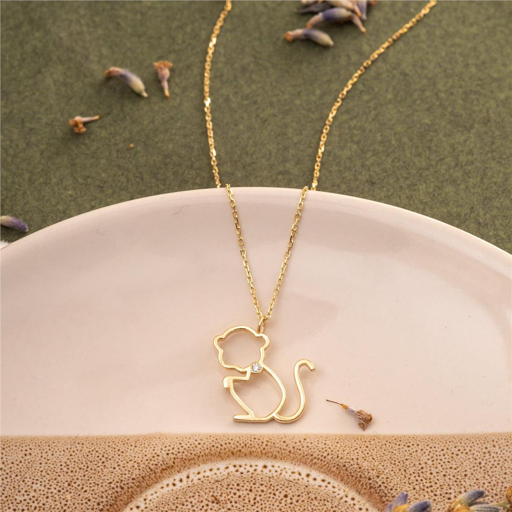 Goldstore-14k 18k Solid Gold Monkey Diamond Pendant Necklace, Diamond Monkey Charm Necklace, Dainty Chimpanzee Necklace, Chimp Pendant Gift For Her
