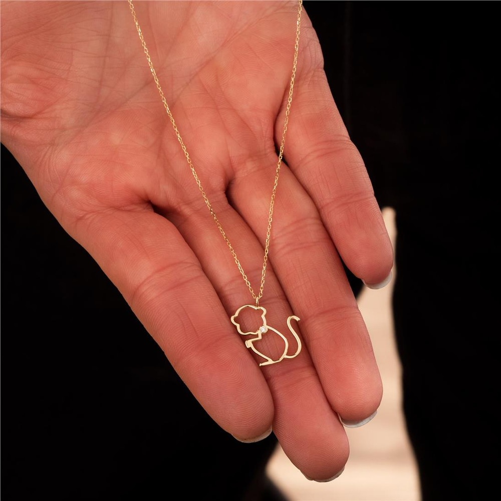 Goldstore-14k 18k Solid Gold Monkey Diamond Pendant Necklace, Diamond Monkey Charm Necklace, Dainty Chimpanzee Necklace, Chimp Pendant Gift For Her