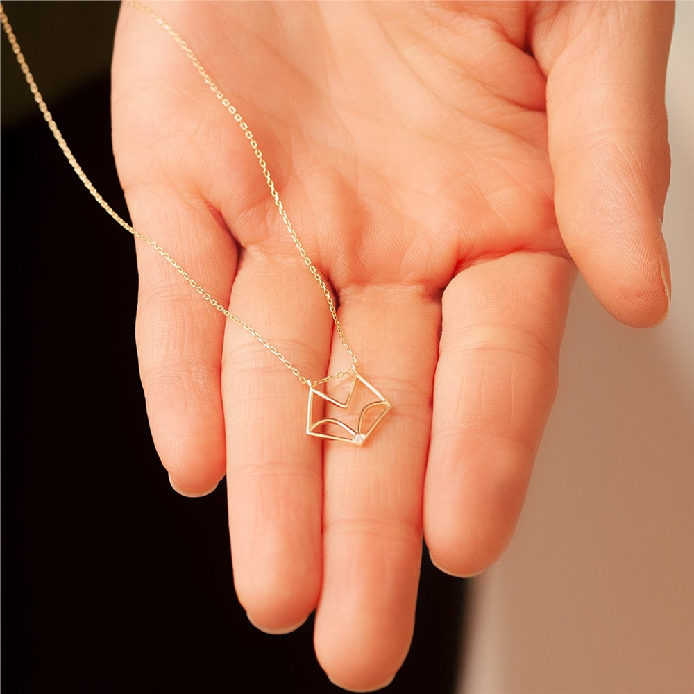 Goldstore-14k 18k Solid Gold Origami Fox Necklace with Diamond, Diamond Geometric Fox Pendant Necklace, Dainty Gold Fox Necklace is Great Gift For Her