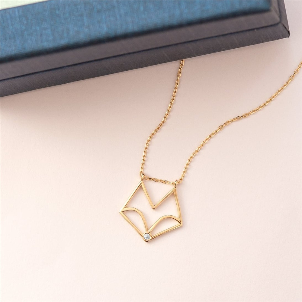 Goldstore-14k 18k Solid Gold Origami Fox Necklace with Diamond, Diamond Geometric Fox Pendant Necklace, Dainty Gold Fox Necklace is Great Gift For Her