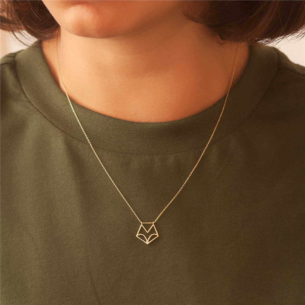 Goldstore-14k 18k Solid Gold Origami Fox Necklace with Diamond, Diamond Geometric Fox Pendant Necklace, Dainty Gold Fox Necklace is Great Gift For Her