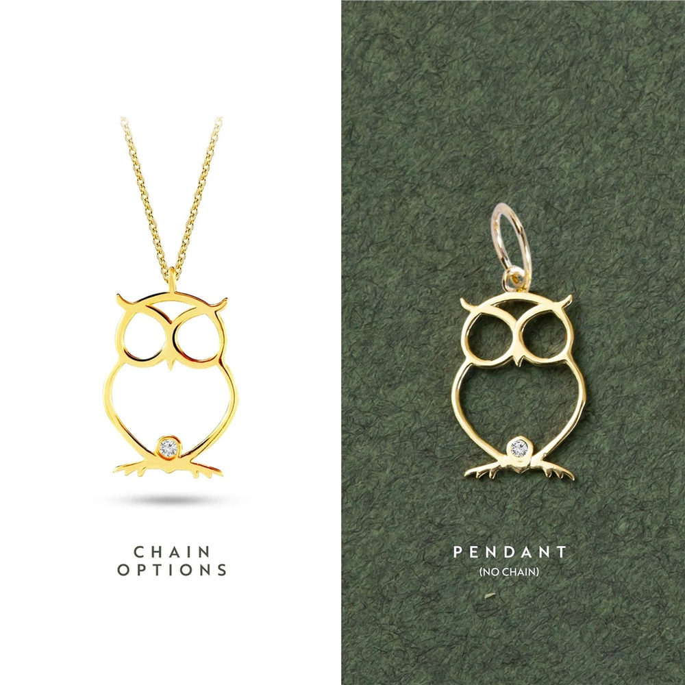 Goldstore-14k 18k Solid Gold Owl Diamond Necklace, Diamond Night Owl Pendant Necklace, Dainty Gold Owl Necklace, Diamond Necklace gift for her.