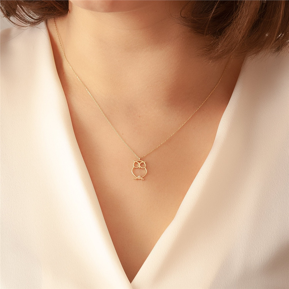Goldstore-14k 18k Solid Gold Owl Diamond Necklace, Diamond Night Owl Pendant Necklace, Dainty Gold Owl Necklace, Diamond Necklace gift for her.