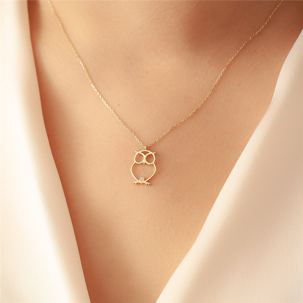 Goldstore-14k 18k Solid Gold Owl Diamond Necklace, Diamond Night Owl Pendant Necklace, Dainty Gold Owl Necklace, Diamond Necklace gift for her.