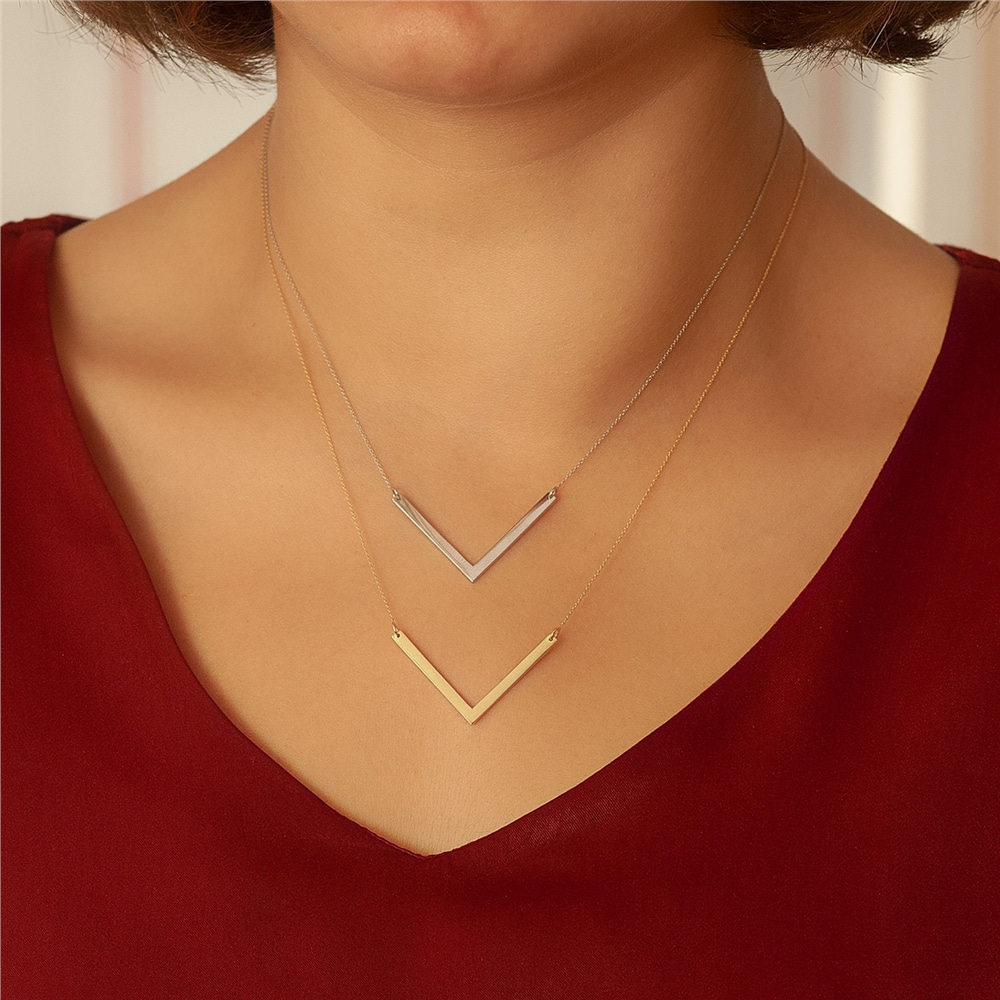 Goldstore-14K 18K Solid Gold Personalized V Bar Necklace, Solid Gold Chevron Bar Necklace, Engrave Name Date V Bar Necklace