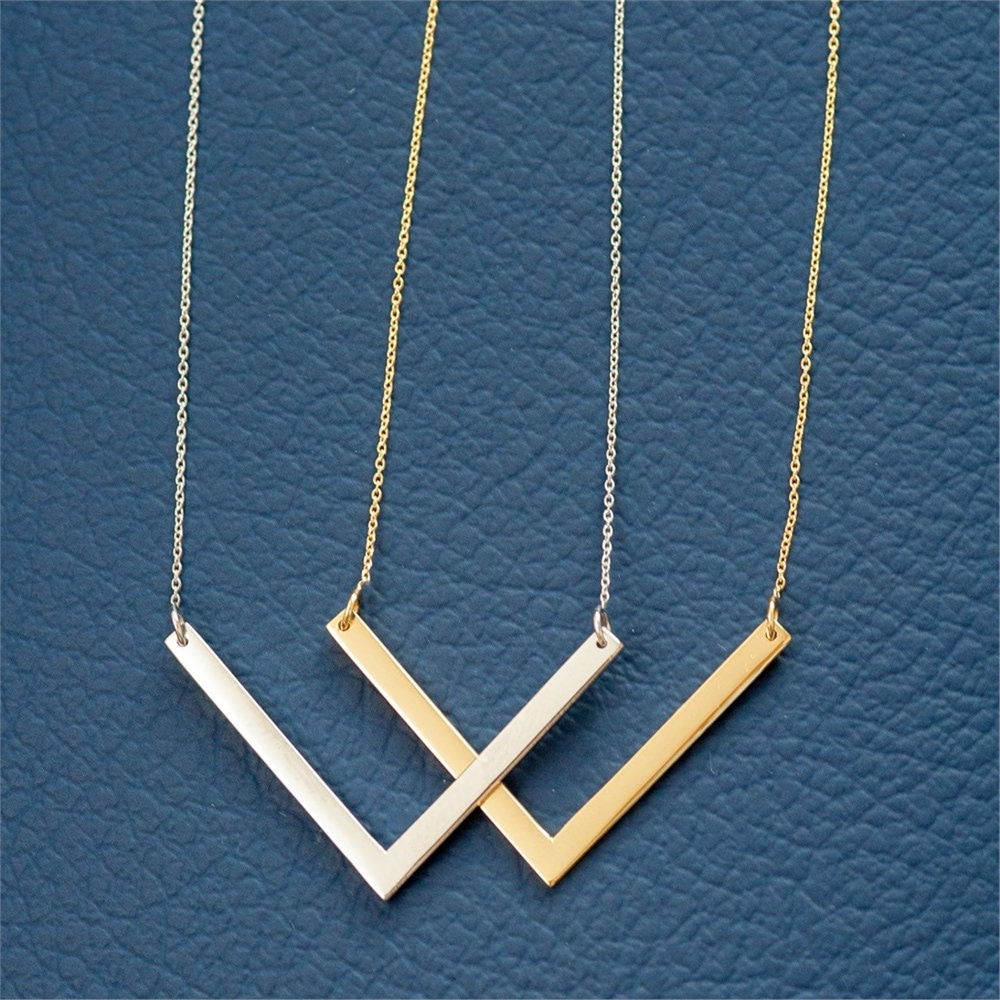 Goldstore-14K 18K Solid Gold Personalized V Bar Necklace, Solid Gold Chevron Bar Necklace, Engrave Name Date V Bar Necklace