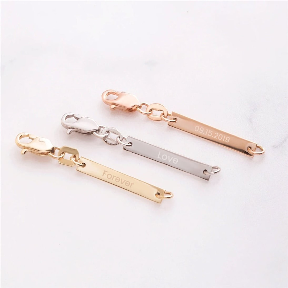 Goldstore-14k 18k Solid Gold Personalized Tiny Bar Tag, Necklace or Bracelet 1.5-inch Extender Engraved Bar Tag or Cross, Removable Bar Tag Charm Gift
