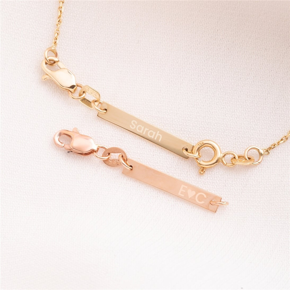 Goldstore-14k 18k Solid Gold Personalized Tiny Bar Tag, Necklace or Bracelet 1.5-inch Extender Engraved Bar Tag or Cross, Removable Bar Tag Charm Gift