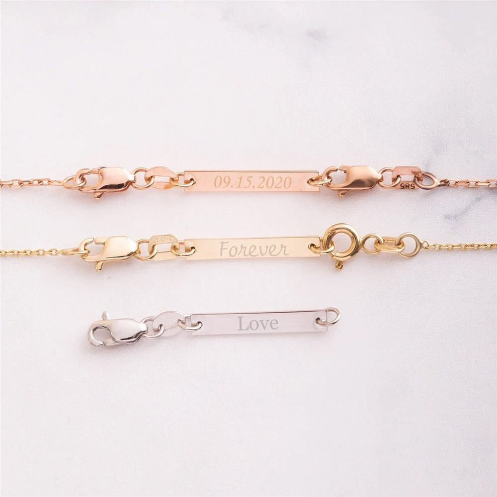 Goldstore-14k 18k Solid Gold Personalized Tiny Cross Tag, Necklace or Bracelet 1.5-inch Extender Engraved Bar Tag or Cross, Removable Cross Charm Gift