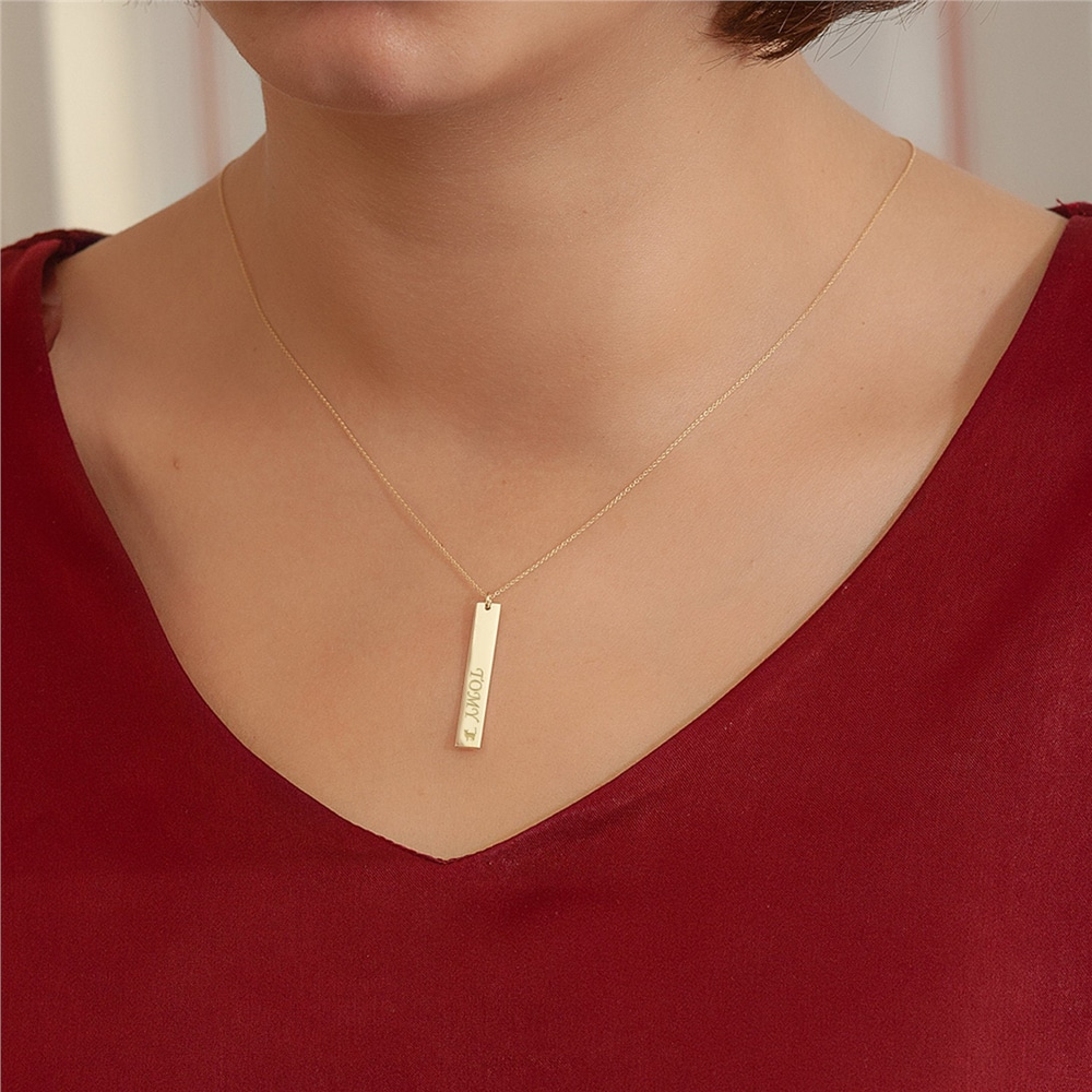 Goldstore-14k 18K Solid Gold Personalized Vertical Name Bar Necklace, Custom Engrave 3 cm Bar Necklace, Engrave Drop Tag Pendant Necklace Gift For Her