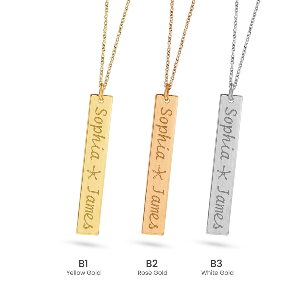 Goldstore-14k 18K Solid Gold Personalized Vertical Name Bar Necklace, Custom Engrave 3 cm Bar Necklace, Engrave Drop Tag Pendant Necklace Gift For Her