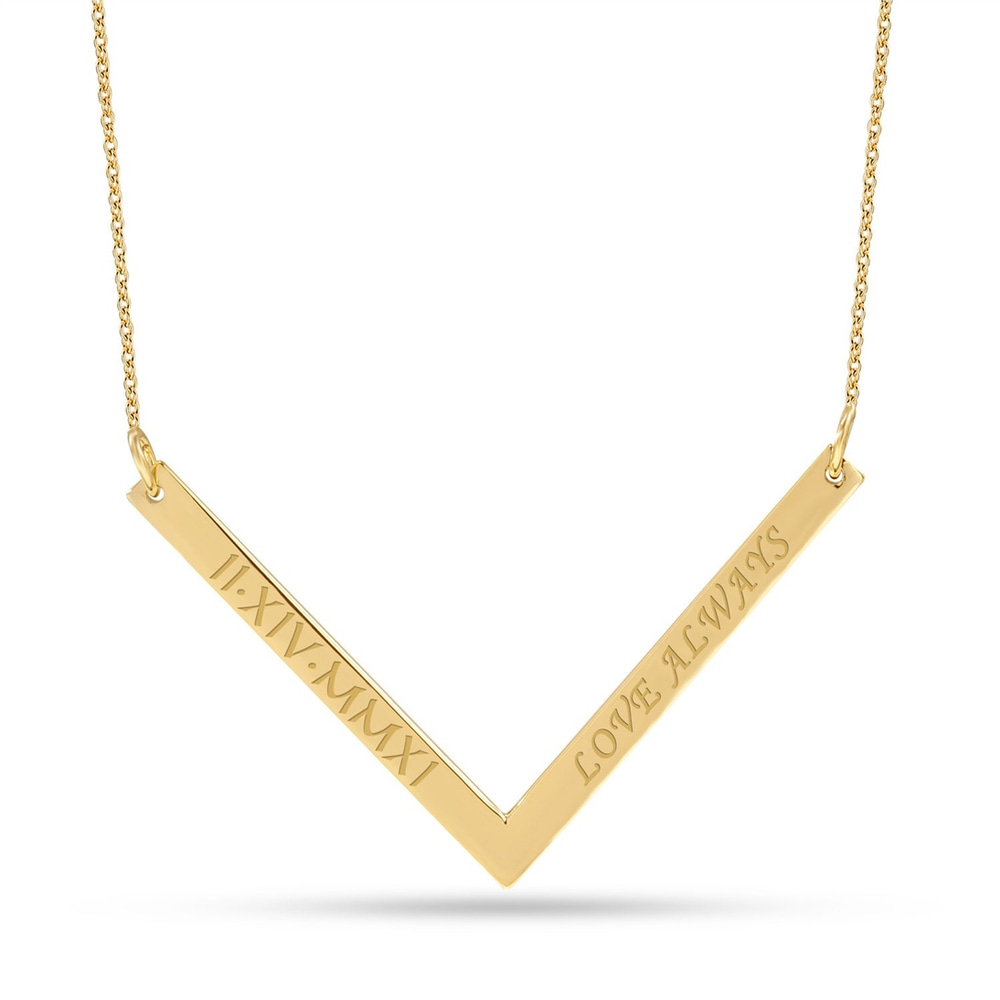 Goldstore-14K 18K Solid Gold Personalized V Bar Necklace, Solid Gold Chevron Bar Necklace, Engrave Name Date V Bar Necklace