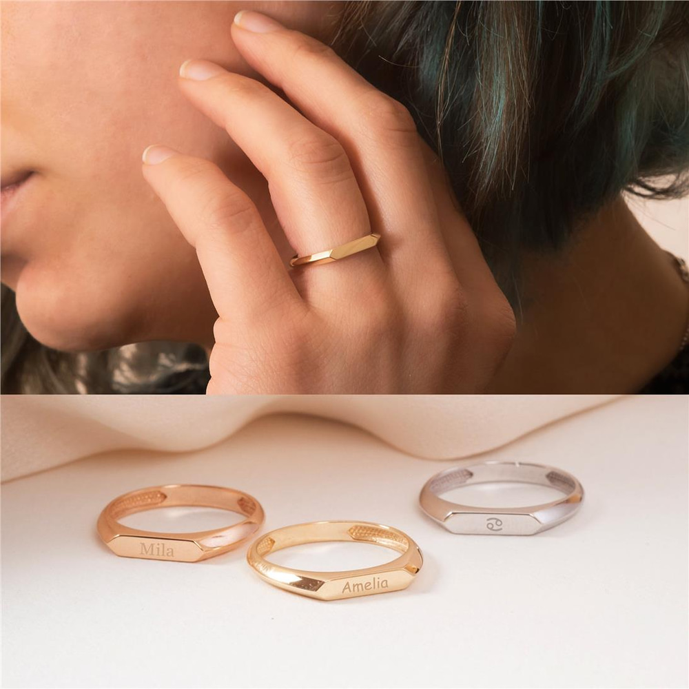Goldstore-14K 18K Solid Gold Personalized Rectangle Ring, Custom Engrave Rectangle Band Ring, Rectangle Bar Gold Ring, Men’s Women’s Signet Ring Gift
