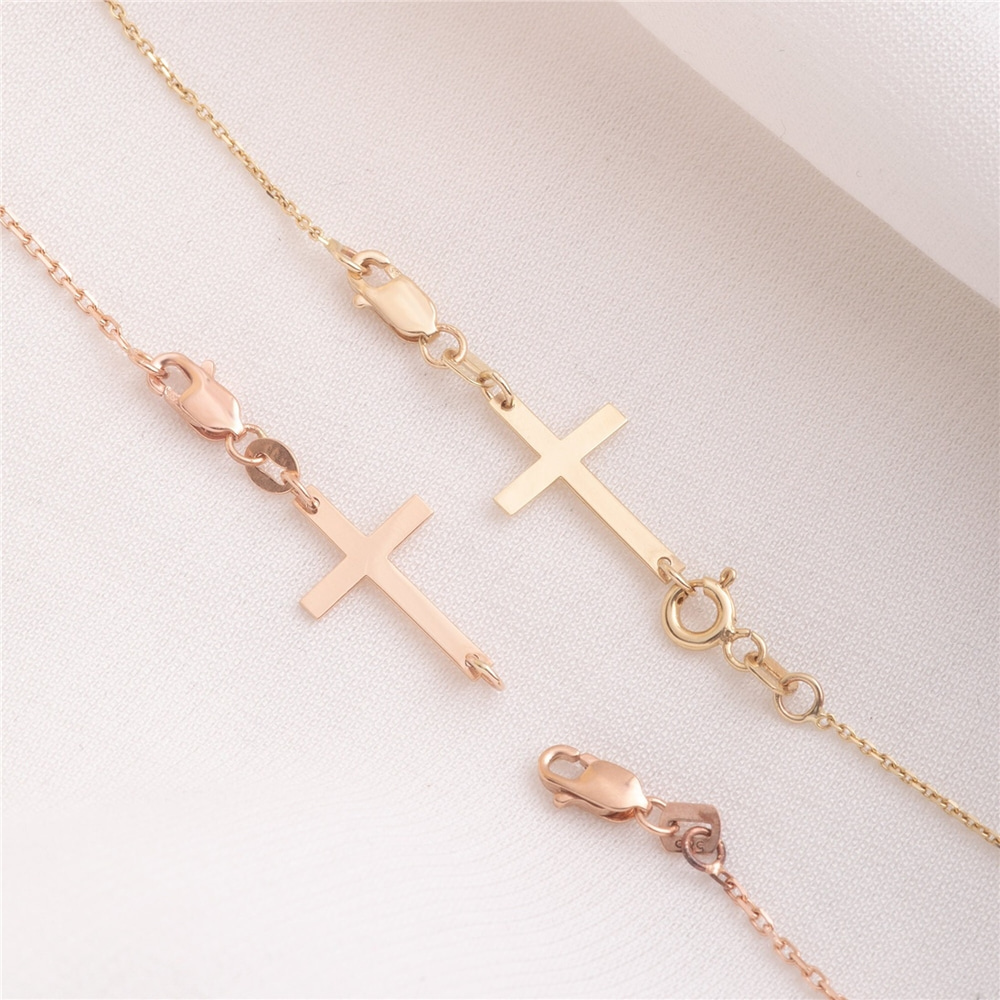 Goldstore-14k 18k Solid Gold Personalized Tiny Cross Tag, Necklace or Bracelet 1.5-inch Extender Engraved Bar Tag or Cross, Removable Cross Charm Gift