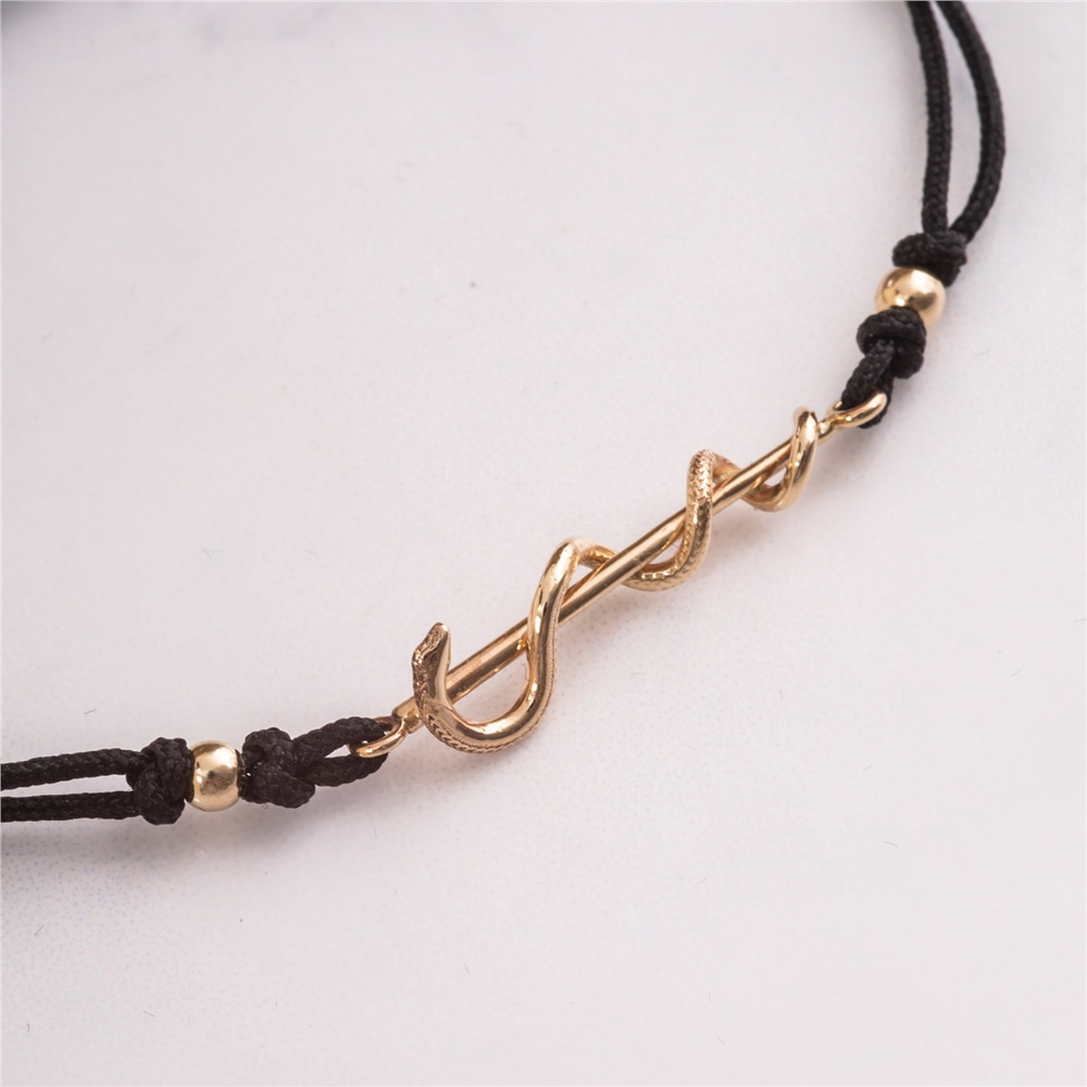 Goldstore-14K 18K Solid Gold Rod of Asclepius Rope Easy Adjustable Bracelet, Caduceus Symbol of Medicine Bracelet, Healing Symbol Snake Gold Bracelet