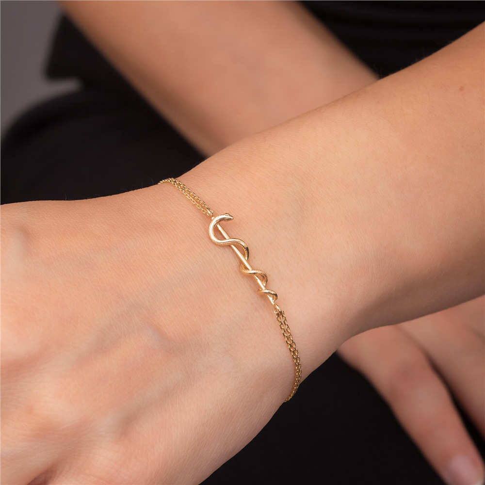 Goldstore-14K 18K Solid Gold Rod of Asclepius Charm Bracelet, Caduceus Symbol of Medicine, Healing Symbol Snake Bracelet Gift For Doctors Nurses